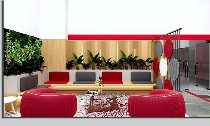 MAS lounge with red accents